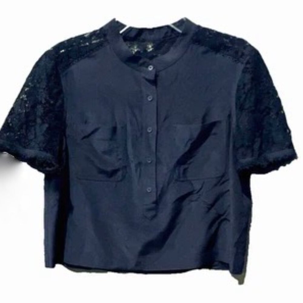 Rebecca Taylor Silk & Lace Popover Crop Short Sleeve Blouse Navy Sz 0 Top Pocket